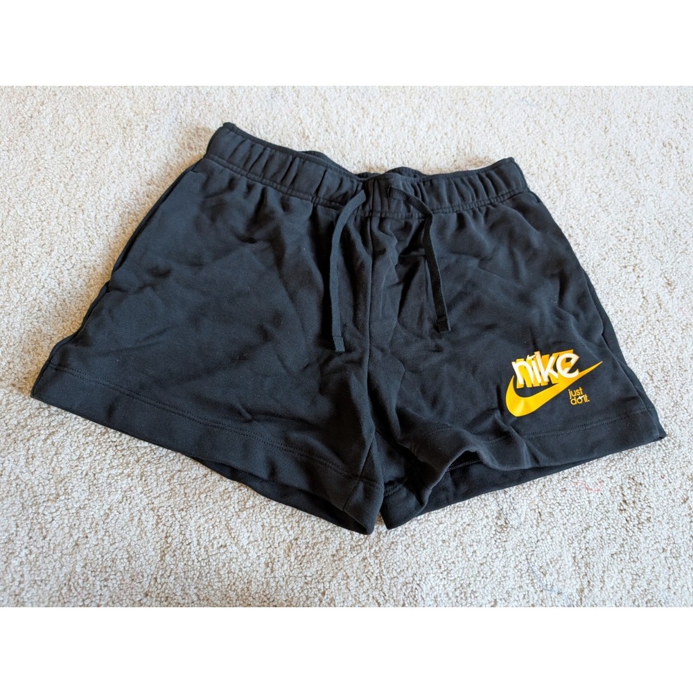 Nike Womens Mid Rise 4 Inch Inseam Athletic Shorts Black Yellow Logo Small NWT